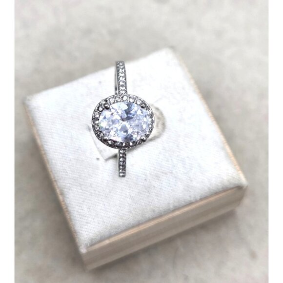 Oval Shape Faux Diamond Solitaire RIng With Accents Engagement Rings - 10 - Picture 4 of 6